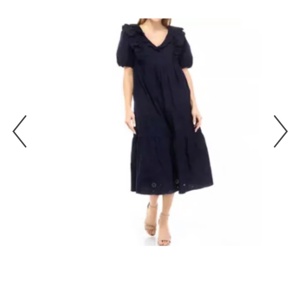 Crown & Ivy Navy Blue Eyelet Puff Sleeve Cotton Babydoll Midi Dress Size 3X